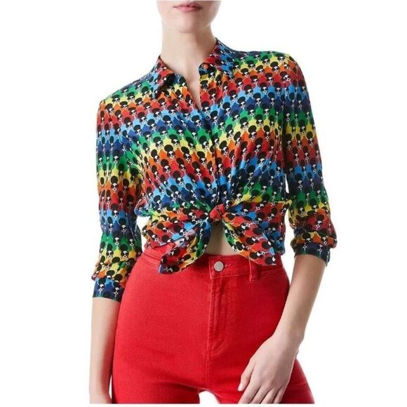 Alice+Olivia Willa 100% Silk Button Down Blouse Face Print NWT MSRP $375 Size XS - Picture 9 of 13